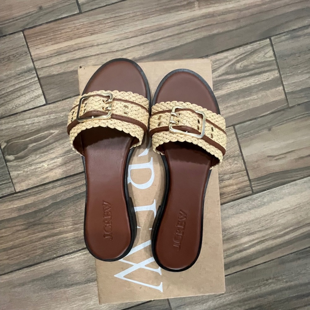 J.Crew Marlow Woven Raffia Leather Buckle Slide Sandals Coastal NIB Sz 8